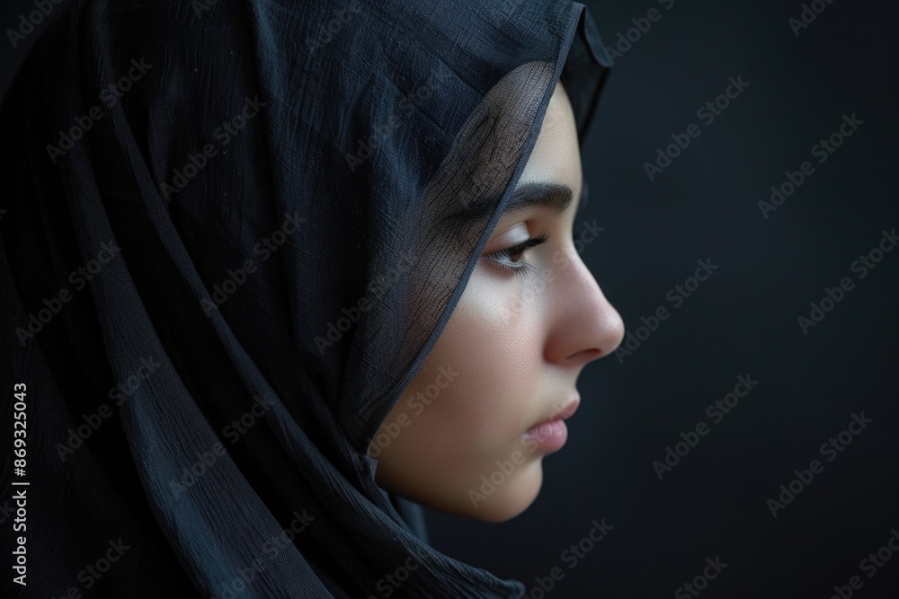 A woman wearing a black hijab looks away from the viewer, possibly lost in thought A woman wearing a black hijab looks away from the viewer, possibly lost in thought
