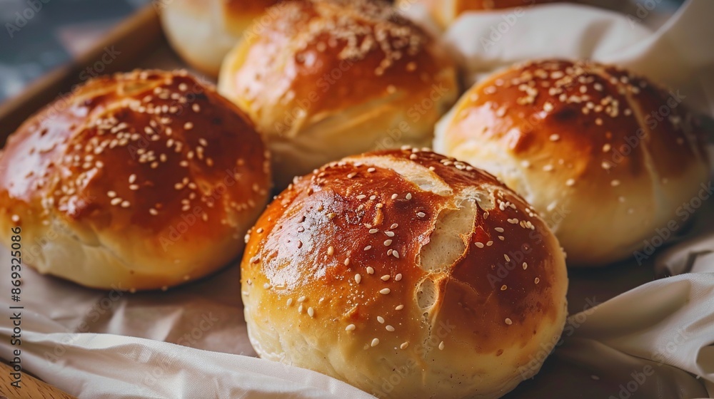 Close-up of golden brown buns with sesame seeds Close-up of golden brown buns with sesame seeds