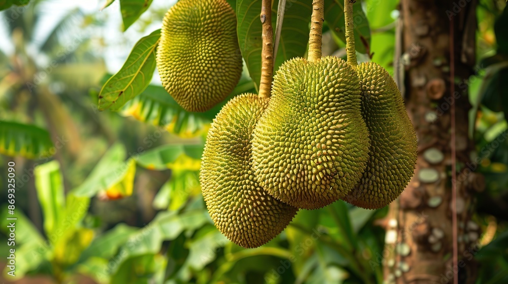 Close-up of Ripe Jackfruit Hanging from a Tree Branch Close-up of Ripe Jackfruit Hanging from a Tree Branch