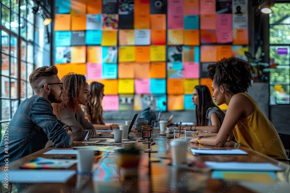 Fototapeta premium Diverse Team Meeting Around a Large Table in an Office Space With a Wall of Colorful Sticky Notes