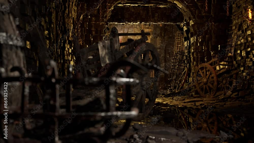 Scary dark dungeons with stone walls, old barrels, chains, car wheels, old wagon, 3D animation camera dolly right Scary dark dungeons with stone walls, old barrels, chains, car wheels, old wagon, 3D animation camera dolly right