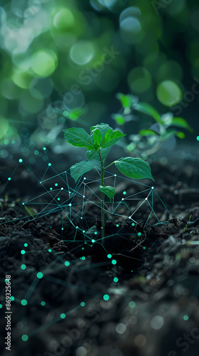 Abstract digital green plant growing in soil, artificial intelligence and big data concept background