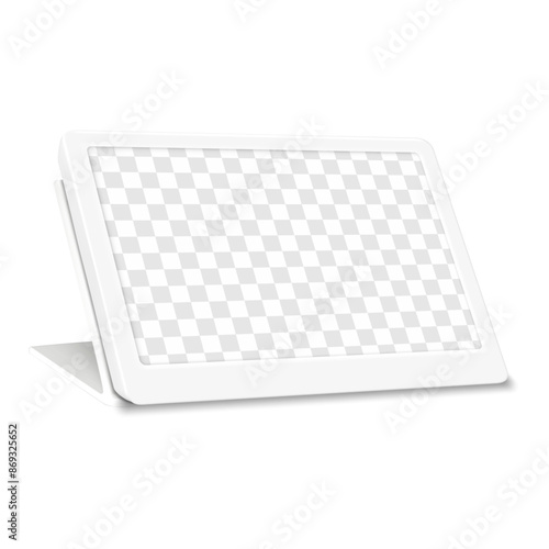 Electronic shelf label with transparent screen closeup. Realistic vector mockup. Isolated white e-paper display stand. Mock-up for design