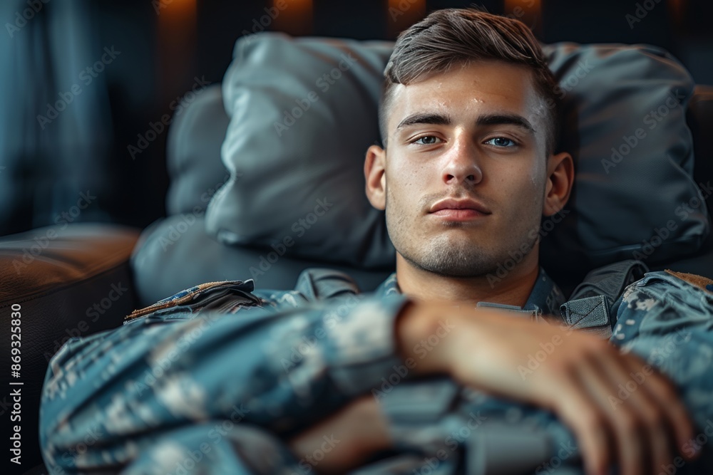Fototapeta premium Young Soldier Resting on Couch in Military Uniform