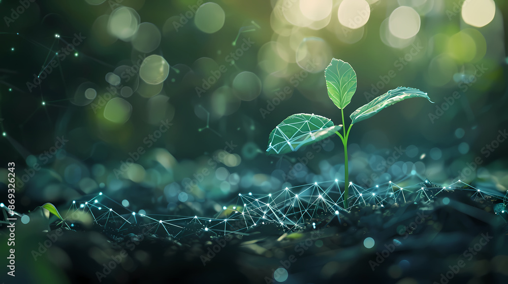 Abstract digital green plant growing in soil, artificial intelligence and big data concept background Abstract digital green plant growing in soil, artificial intelligence and big data concept background