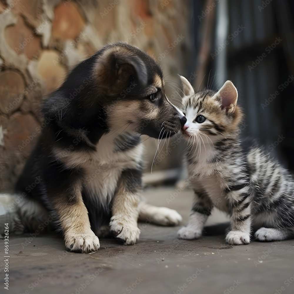 Obraz premium Playful puppy sniffing noses with a curious kitten in a heartwarming display of interspecies friendship