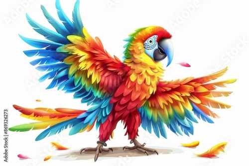 A vibrant parrot wearing a feathered costume and sporting a wide, colorful grin, spreading joy and cheer. The illustration is set against a clear white background.