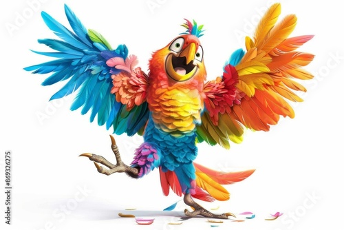 A vibrant parrot adorned in a feathered costume, exuding happiness with a wide, colorful grin against a clear white background.