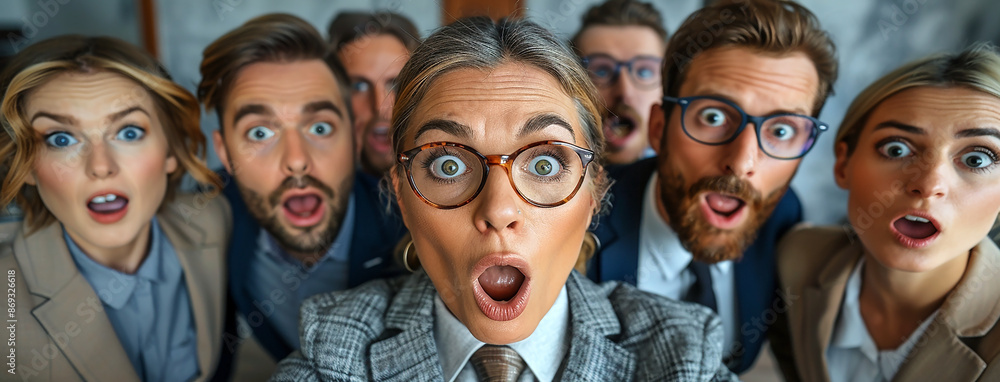 A funny photo of a group of business people in an office team looking at the camera with confused and surprised mood with big ball eyes and open mouth A funny photo of a group of business people in an office team looking at the camera with confused and surprised mood with big ball eyes and open mouth