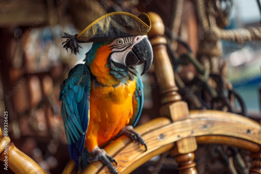 Naklejka premium A cheerful parrot with a pirate hat and eye patch perched on a wooden ship's wheel.