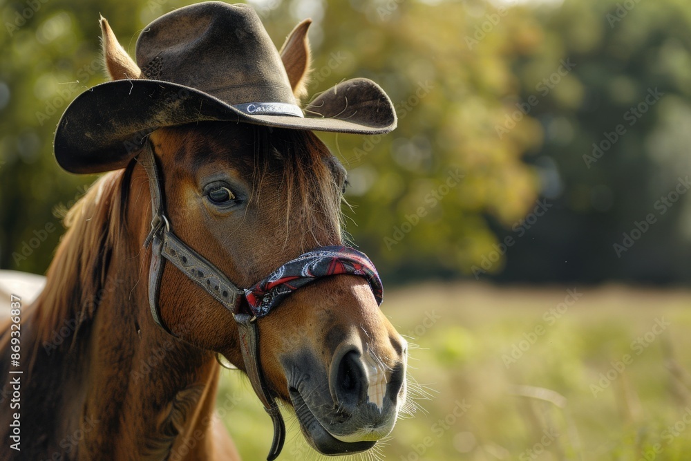 Experience the joy and vibrancy of a horse adorned with a cowboy hat and a bandana, exuding personality and charm. Experience the joy and vibrancy of a horse adorned with a cowboy hat and a bandana, exuding personality and charm.