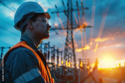 A close-up of an electrical engineer at a substation. Double exposure silhouettes merge with the backdrop of power lines, adding depth to the scene.