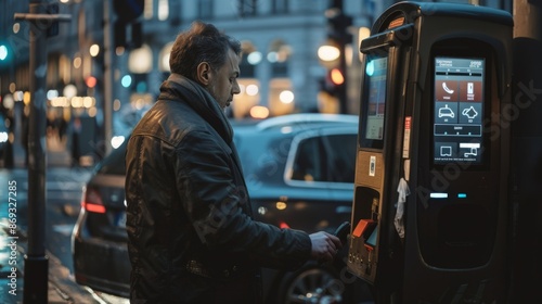 A man paying for parking at an automated machine on a busy street © Sasint