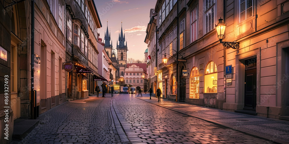 Fototapeta premium Cobblestone streets lined with old buildings, a towering cathedral, and warm street lamps at dusk in a historic European city, with people strolling leisurely.