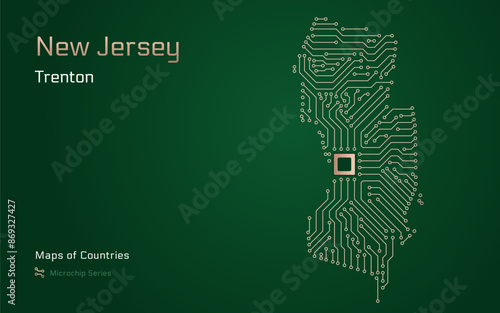 New Jersey Map with a capital of Oklahoma City Shown in a Microchip Pattern. Silicon valley, E-government. United States vector maps. Microchip Series
