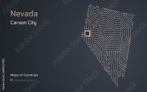 Nevada Map with a capital of Carson City Shown in a Microchip Pattern. Silicon valley, E-government. United States vector maps. Microchip Series