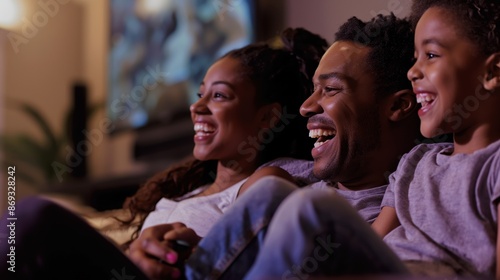 A happy family watching a movie and laughing together © BajimBa