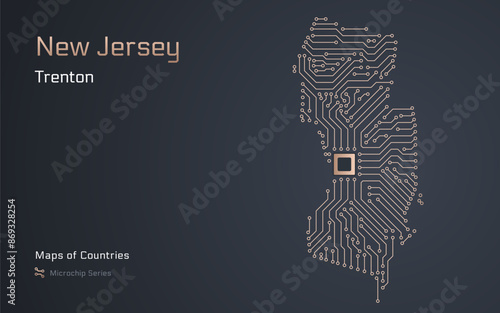 New Jersey Map with a capital of Oklahoma City Shown in a Microchip Pattern. Silicon valley, E-government. United States vector maps. Microchip Series