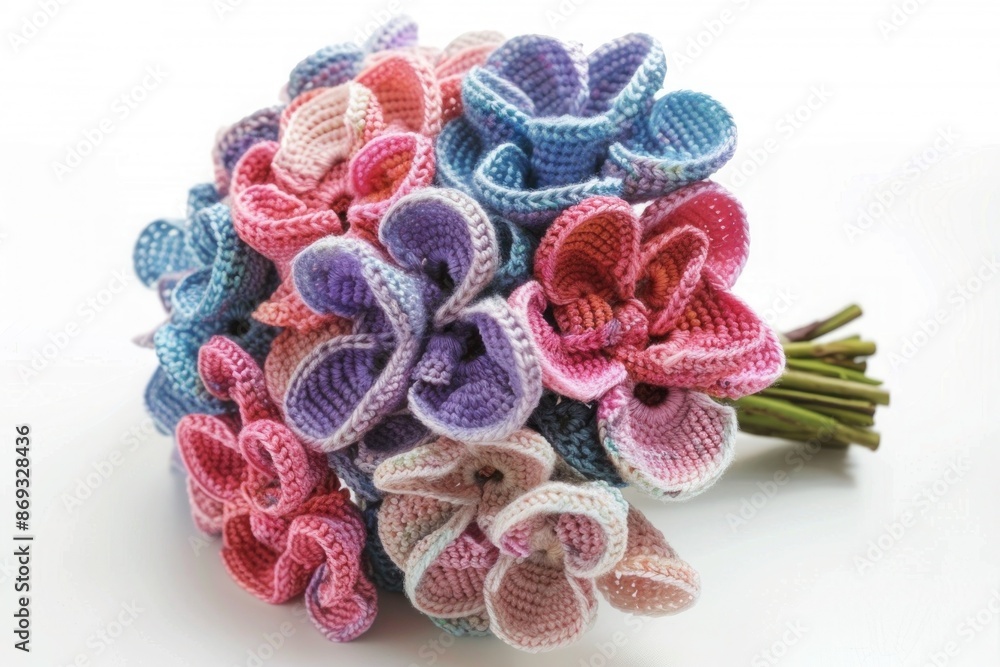 Obraz premium Elegant crochet flower bouquet with intricate petal details, perfect for weddings, home decor, and craft projects. Isolated on white background.