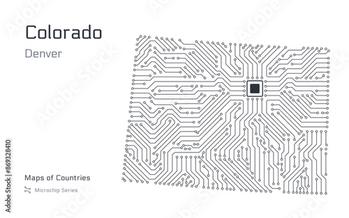 Colorado Map with a capital of Denver Shown in a Microchip Pattern. Silicon valley, E-government. United States vector maps. Microchip Series