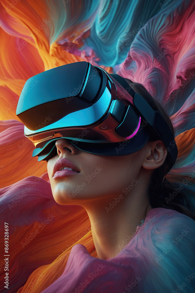 Abstract painting of a virtual world around a young woman in VR glasses. Abstract painting of a virtual world around a young woman in VR glasses.
