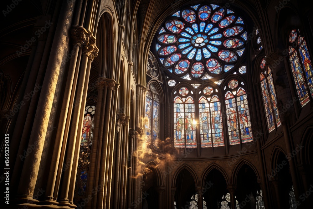 Sunlight pouring through the rose window. Stained glass window Sunlight pouring through the rose window. Stained glass window