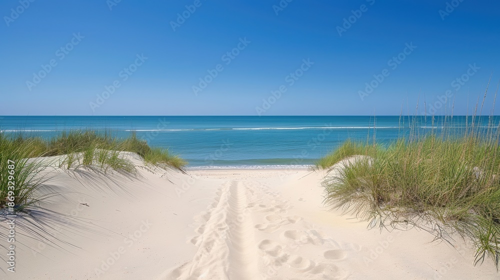 Serene beach view with sand dunes and turquoise waters under a clear blue sky, perfect for a coastal getaway or travel inspiration.