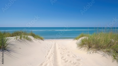 Wallpaper Mural Serene beach view with sand dunes and turquoise waters under a clear blue sky, perfect for a coastal getaway or travel inspiration. Torontodigital.ca