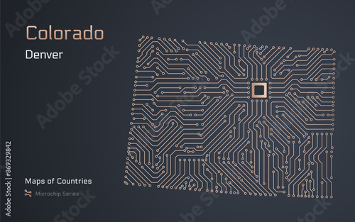 Colorado Map with a capital of Denver Shown in a Microchip Pattern. Silicon valley, E-government. United States vector maps. Microchip Series