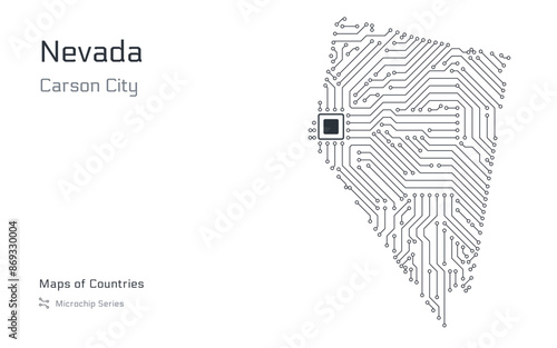 Nevada Map with a capital of Carson City Shown in a Microchip Pattern. Silicon valley, E-government. United States vector maps. Microchip Series