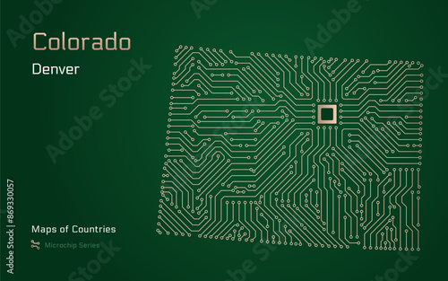 Colorado Map with a capital of Denver Shown in a Microchip Pattern. Silicon valley, E-government. United States vector maps. Microchip Series