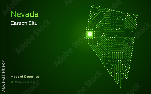 Nevada Map with a capital of Carson City Shown in a Microchip Pattern. Silicon valley, E-government. United States vector maps. Microchip Series
