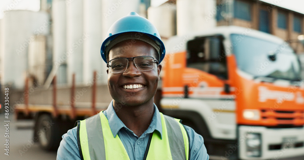 Man, portrait and outdoor at warehouse with smile for logistics, gear or safety for health. Male driver, happiness and outside factory with semi truck for supply chain, job with cargo or transport Man, portrait and outdoor at warehouse with smile for logistics, gear or safety for health. Male driver, happiness and outside factory with semi truck for supply chain, job with cargo or transport