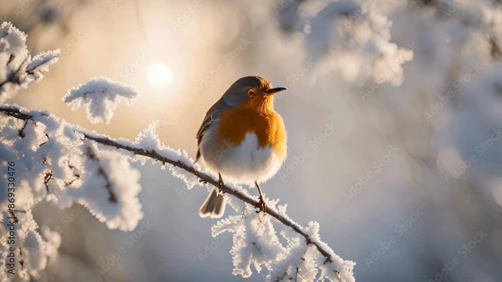 Perched on a frosty winter bush, backlit, a small songbird named Robin is singing with steam coming out of its beak. Perched on a frosty winter bush, backlit, a small songbird named Robin is singing with steam coming out of its beak.