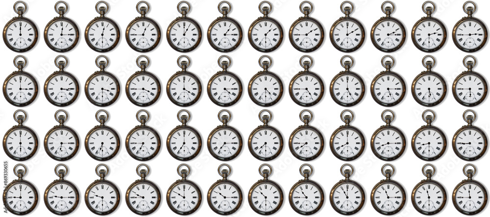 A collection of photographs of a pocket antique silver watch on a white background with shadows. The collection contains the readings of the hand in 15-minute increments. A collection of photographs of a pocket antique silver watch on a white background with shadows. The collection contains the readings of the hand in 15-minute increments.