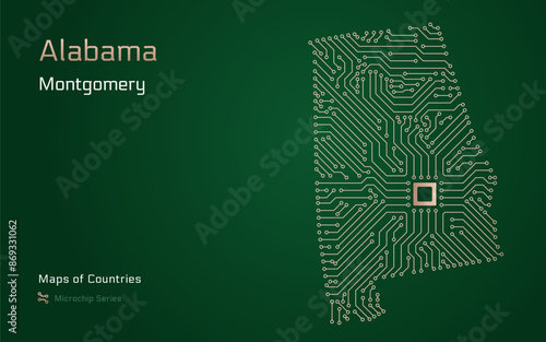 Alabama Map with a capital of Montgomery Shown in a Microchip Pattern. Silicon valley, E-government. United States vector maps. Microchip Series