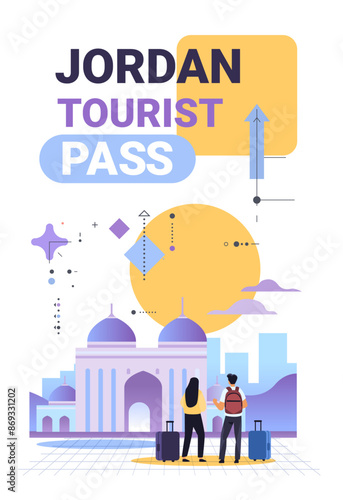 Travelers with luggage exploring a city with domed architecture under a large sun and abstract geometric shapes