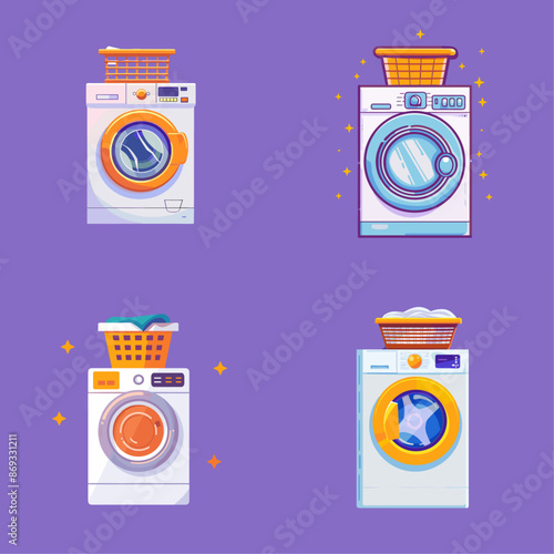 group of washing machines in various colors and sizes, stacked on top of each other