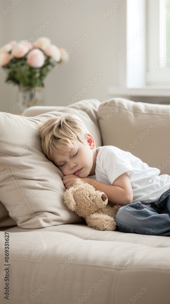 A young boy with blond hair and blue eyes sits in a white bed with two teddy bears. He is wearing a white t-shirt and is looking directly at the camera A young boy with blond hair and blue eyes sits in a white bed with two teddy bears. He is wearing a white t-shirt and is looking directly at the camera