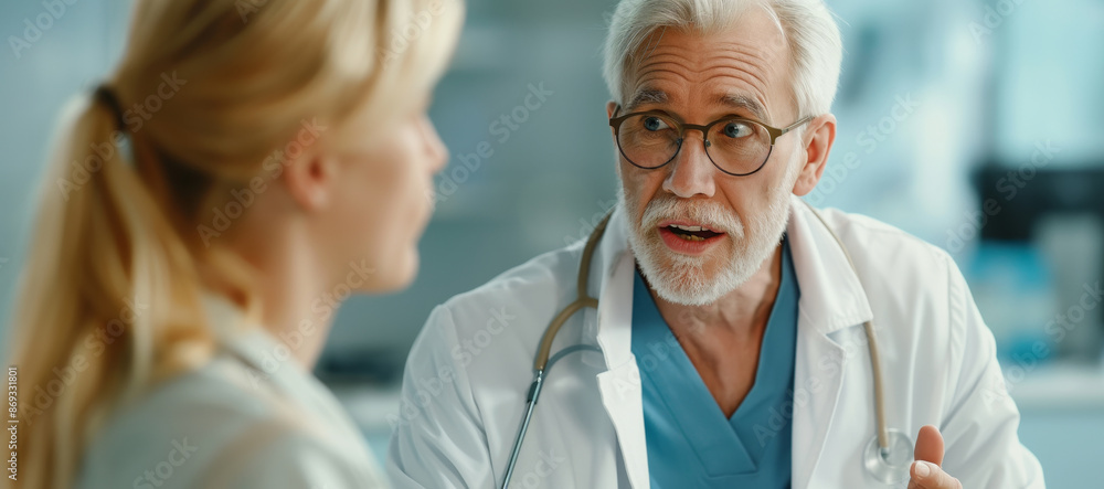 A doctor with gray hair and glasses, wearing a white coat and stethoscope, consults a patient in a medical office, engaging in a serious conversation regarding health matters. A doctor with gray hair and glasses, wearing a white coat and stethoscope, consults a patient in a medical office, engaging in a serious conversation regarding health matters.