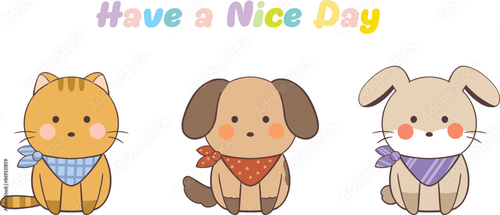 Fototapeta premium animals set cartoon cat with a blue bandana and cartoon dog with bandana on his head and cartoon rabbit with a purple scarf on its head