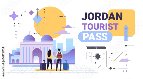 Travelers with luggage standing in front of a mosque with a large sun in the background surrounded by abstract geometric shapes and cityscape
