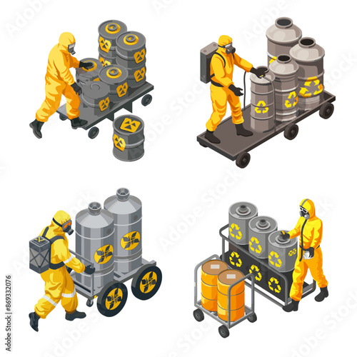 digital design showcasing a nuclear waste disposal process with a suited worker moving radioactive materials