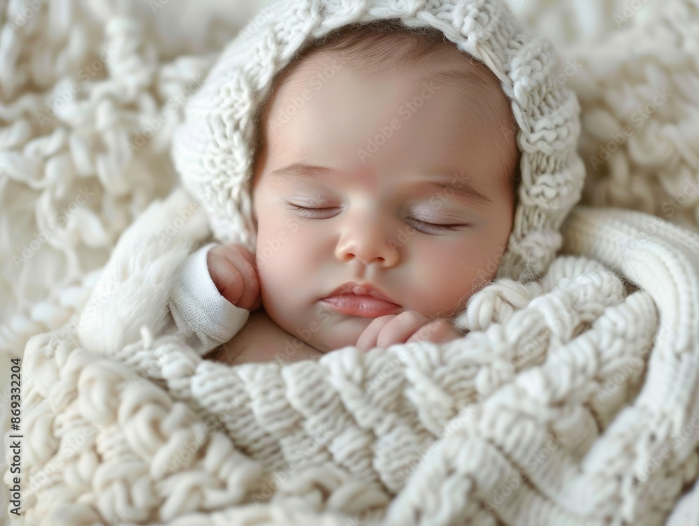 In a detailed close-up, a baby peacefully sleeps swaddled in a soft white blanket, illuminated by natural light, capturing the delicate tranquility and pure innocence of a sleeping infant. In a detailed close-up, a baby peacefully sleeps swaddled in a soft white blanket, illuminated by natural light, capturing the delicate tranquility and pure innocence of a sleeping infant.