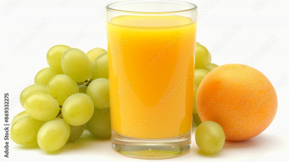 Glass of grape juice with fresh green and yellow grape clusters on white background Glass of grape juice with fresh green and yellow grape clusters on white background