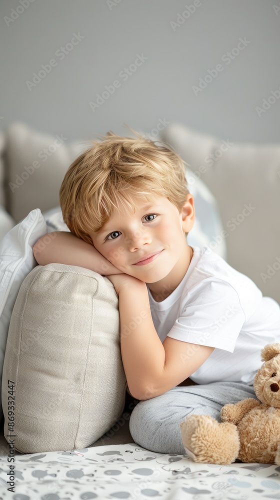 A young boy with blond hair and blue eyes sits in a white bed with two teddy bears. He is wearing a white t-shirt and is looking directly at the camera A young boy with blond hair and blue eyes sits in a white bed with two teddy bears. He is wearing a white t-shirt and is looking directly at the camera