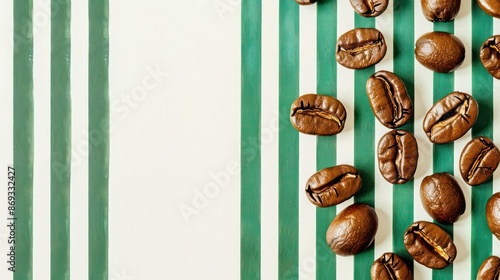 Party invitation card, coffee beans, green stripes, white background
