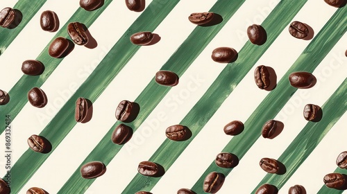Party invitation card, coffee beans, green stripes, white background
