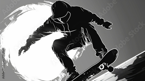 black and white silhouette of a man on a skateboard