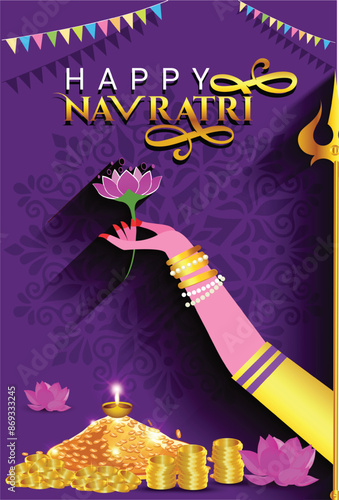 Vector Navratri Festival. Happy Navratri Mahotsav text with Goddess Durga hand pose